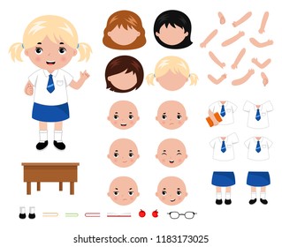 Adorable little school girl character constructor. Cartoon style vector illustration.