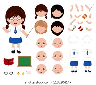 Adorable little school girl character constructor. Cartoon style vector illustration.