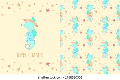 adorable little seahorse cartoon character, illustration and seamless pattern for kids