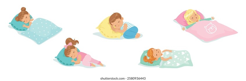 Adorable Little Sleeping Boy and Girl Character Covered with Blanket on Soft Pillow Vector Set