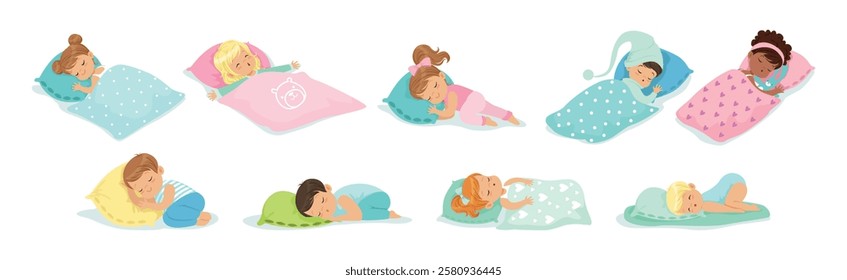 Adorable Little Sleeping Boy and Girl Character Covered with Blanket on Soft Pillow Vector Set