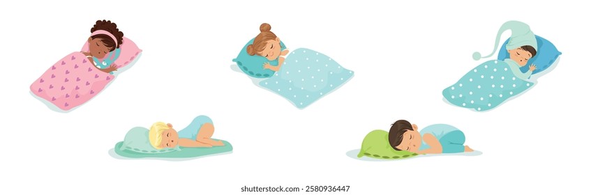 Adorable Little Sleeping Boy and Girl Character Covered with Blanket on Soft Pillow Vector Set