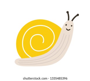 Adorable little smiling snail. Funny lovely terrestrial gastropod or mollusc isolated on white background. Amusing spring character. Colorful childish vector illustration in flat cartoon style.