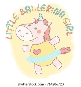 Adorable little unicorn girl dancing ballet, colorful vector illustration