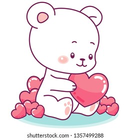 Adorable little white bear, surrounded by puffy pink hearts