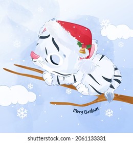 Adorable little white tiger for christmas illustration decoration