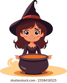 Adorable Little Witch with Cauldron - Halloween Vector Illustration