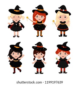 Adorable little witch characters in different poses. Halloween costume. Vector.