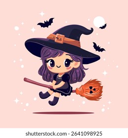 Adorable little witch flying on a broomstick against the stars. Cute and whimsical vector illustration, perfect for posters, greeting cards, and Halloween designs. digital art.