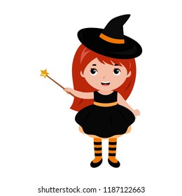 Adorable little witch. Halloween costume. Vector.