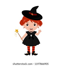 Adorable little witch. Halloween costume. Vector.