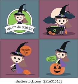 Adorable little witch illustrations for Halloween. Perfect for decorations, stickers, or customizing clothing, adding a magical and fun touch to your projects and celebrations.