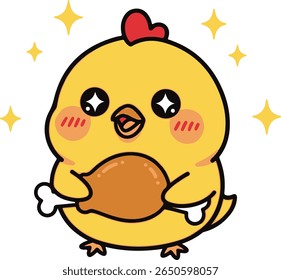 Adorável pequeno pintinho amarelo que gosta assado perna de frango