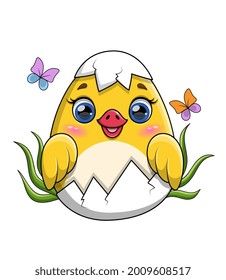 Adorable little yellow duckling hatching from the egg with flying butterflies and green grass, colored flat cartoon vector illustration isolated on white background for design a element