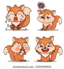 An adorable and lively illustration of a cartoon fox exhibiting various emotions such as joy, sadness, and frustration