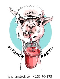 Adorable Llama with a Plastic Cup Mockup of Smoothie. Humor card, t-shirt composition, hand drawn style print. Vector illustration.