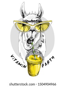 Adorable Llama in a yellow glasses with a Plastic Cup Mockup of Smoothie. Humor card, t-shirt composition, hand drawn style print. Vector illustration.