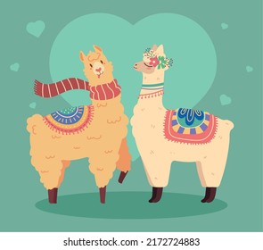 adorable llamas cartoon vector style
