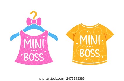 Adorable Logos With Kids Clothing Featuring Mini Boss Text. Pink And Yellow Shirts On Hangers, For Stylish Children