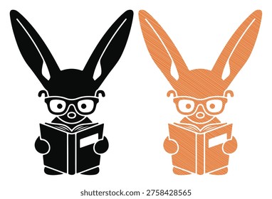 Adorable long eared rabbit wearing spectacles, holding open book, educational mascot art
