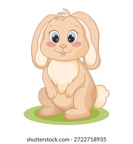 Adorável coelho de orelhas de alça com grandes olhos azuis sentado em um prado verde. Ilustração vetorial perfeita para decoração de berçário, adesivos de bebê e impressões de vestuário infantil.