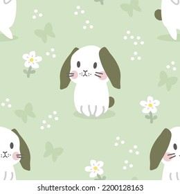 Adorable Lop-Ears Bunny and Flower Seamless Pattern