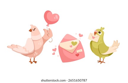 Adorável Love Birds são retratados com um balão de coração e uma carta nesta ilustração deliciosa