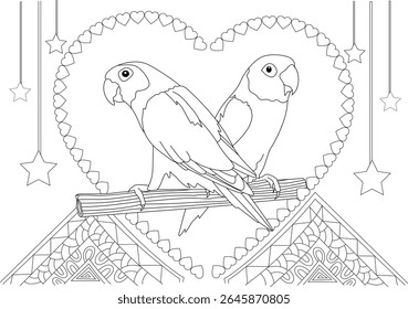 Adorable love birds line art drawing with heart frame, stars, and geometric patterns, ideal for coloring pages or romantic illustrations.