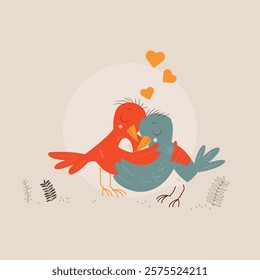 Adorable lovebirds with hearts. Perfect for postcards, greetings, and romantic projects