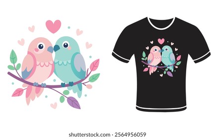 Adorable Lovebirds Valentine's Day T-Shirt – High-Quality Flat Vector Design