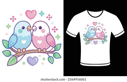 Adorable Lovebirds Valentine's Day T-Shirt – High-Quality Flat Vector Design