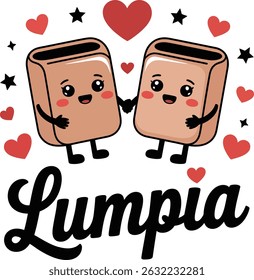 Adorable lumpia characters holding hands with hearts and stars