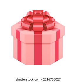 Adorable luxury realistic polygonal pink wrapped gift box decorated by red metallic bow ribbon for woman congratulations vector illustration. Cute festive holiday surprise closed cardboard package