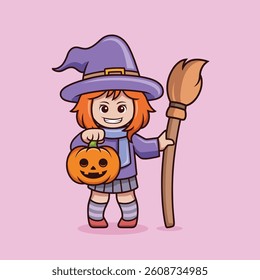 Adorable magical girl with a pumpkin. Great for stickers, mascots, or adding festive Halloween messages and cute quotes.