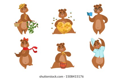 Adorable Male and Female Bears Characters Set, Cute Humanized Forest Animal in Different Situations Vector Illustration