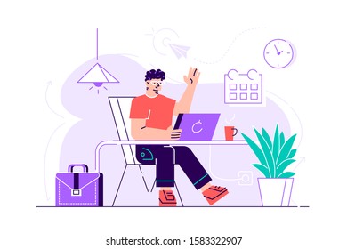 Adorable man sitting at desk and working on laptop computer. Cute young male employee, creative freelance worker or writer at workplace. Work routine. Modern flat cartoon colorful vector illustration