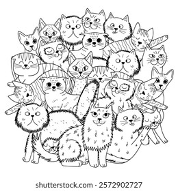 Adorable mandala with different cats breed - maine coon, scottish fold, sphinx, bengal cat and others. Funny feline characters circle shape pattern for coloring book. Vector illustration