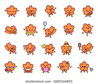 Adorable maple leaf character set featuring cute emotions, festive accessories, and seasonal autumn elements perfect for creative projects, decorations, and joyful design themes.