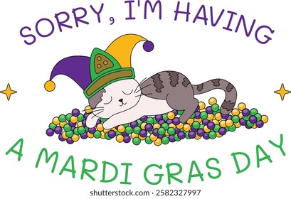 Adorable Mardi Gras cat resting on colorful beads. Playful sleeping cat with beads and jester hat illustration