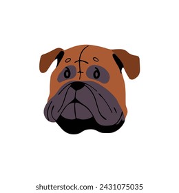 Adorable Mastiff avatar. Cute muzzle of boxer puppy. Funny guard dog face. Bulldog pup snout portrait. Amusing doggy of large breed. Happy pet. Flat isolated vector illustration on white background