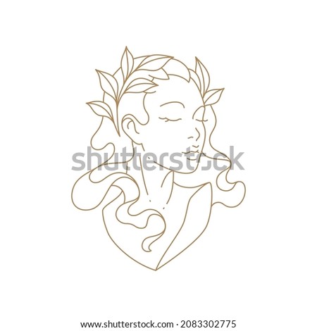 Adorable medieval lady bust monochrome line art simple icon vector illustration. Antique goddess person monument with branch leaves in hair and closed eyes isolated on white. Historical beauty statue Foto stock © 