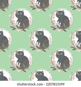 adorable meow and wreath cartoon sticker seamless pattern