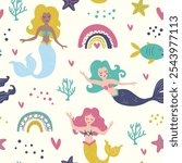 Adorable mermaid and rainbow seamless pattern. Flat cartoon underwater vector illustration. 