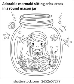 Adorable mermaid sitting criss-cross in a round mason jar, smiling gently, surrounded by floating seashells and starfish — thick, easy-to-trace outlines.