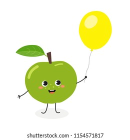 Adorable merry cartoon apple holding an air balloon. Vector flat illustration isolated on white background 