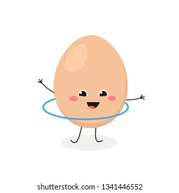 Adorable merry cartoon egg playing hulahoop. Vector flat illustration isolated on white background 