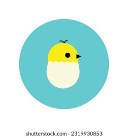 Adorable merry chicken baby peeking out of cracked egg. Vector illustration isolated on white background