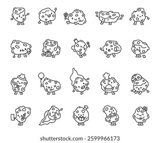 Adorable meteor character set with various emotions, cute accessories, and charming expressions, floating through cosmic space, in a fun kawaii cartoon style with magical elements