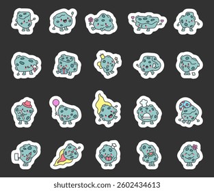 Adorable meteor character set with various emotions, cute accessories, and charming expressions, floating through cosmic space, in a fun kawaii cartoon style with magical elements