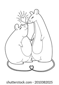 Adorable mice couple kissing. Two cute rats in love. Vector outline illustration. Elements for design, packaging, fabric, coloring book